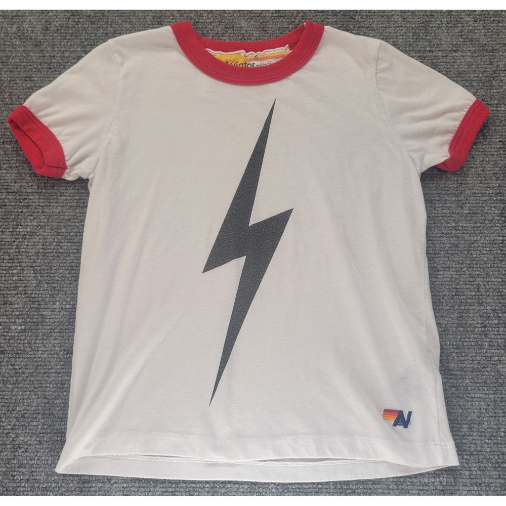 Aviator Nation Kids White Red Ringer T-Shirt Lightning Bolt Size 6